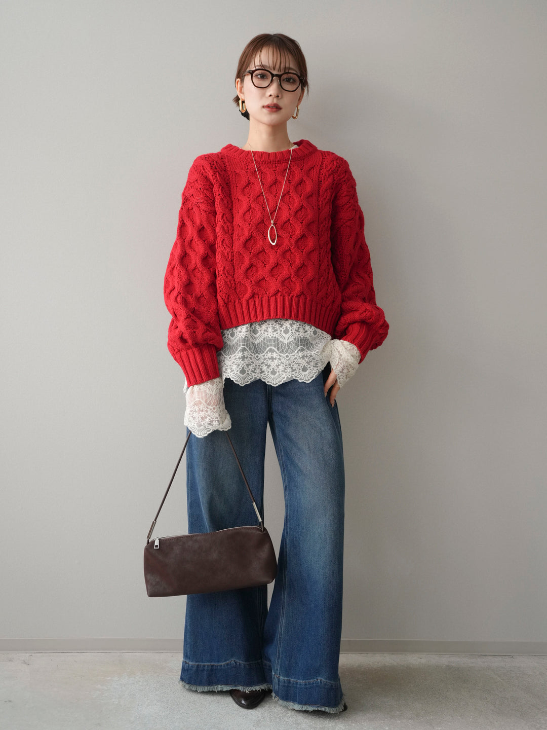 [予約]バルキーケーブルクロップドニットプルオーバー/red