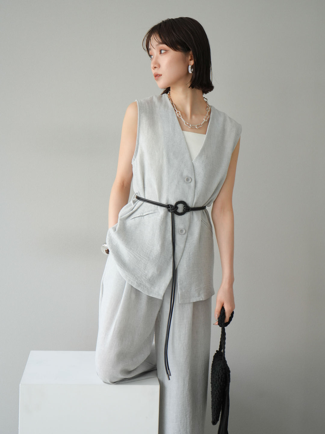 [SET]ベルト付リネンタッチベスト＆ワイドパンツSET UP(2set)