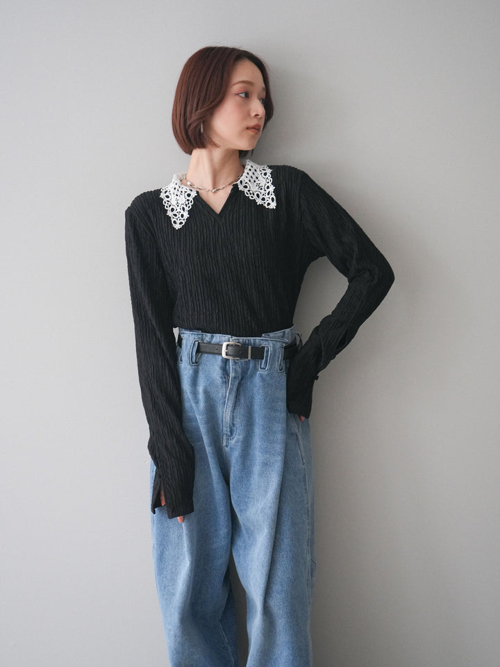 [SET]袖スリットレースカラートップス+ハイウエストベルトループデザインデニムパンツ(2set)