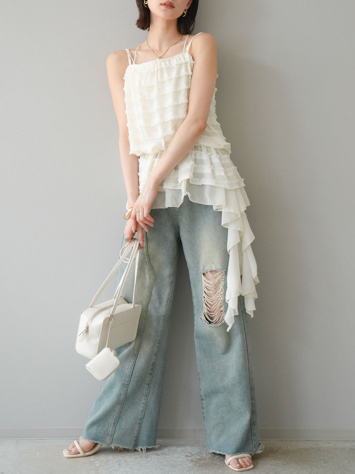 【預購】荷葉邊流蘇吊帶衫/象牙白