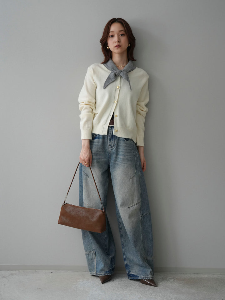 [SET]デザイン襟ニットカーディガン+ベルト付カーブデニムパンツ(2set)