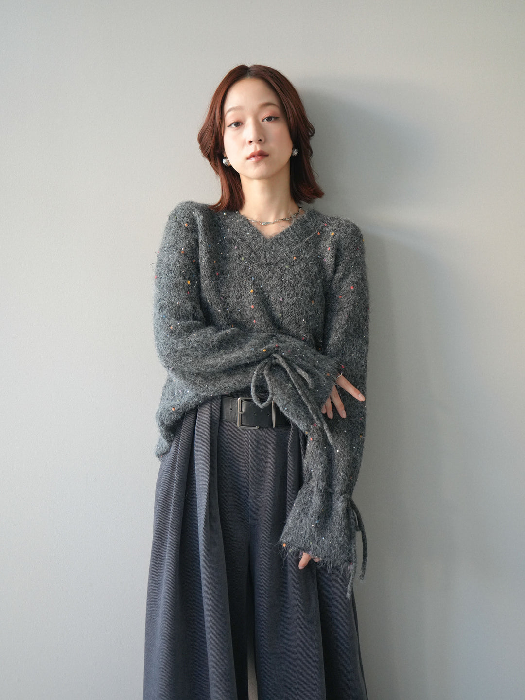 [SET]キャンディースリーブカラーネップスパンコールニットプルオーバー+ベルトデザインループコールテンワイドパンツ(ベルト付き)(2set)