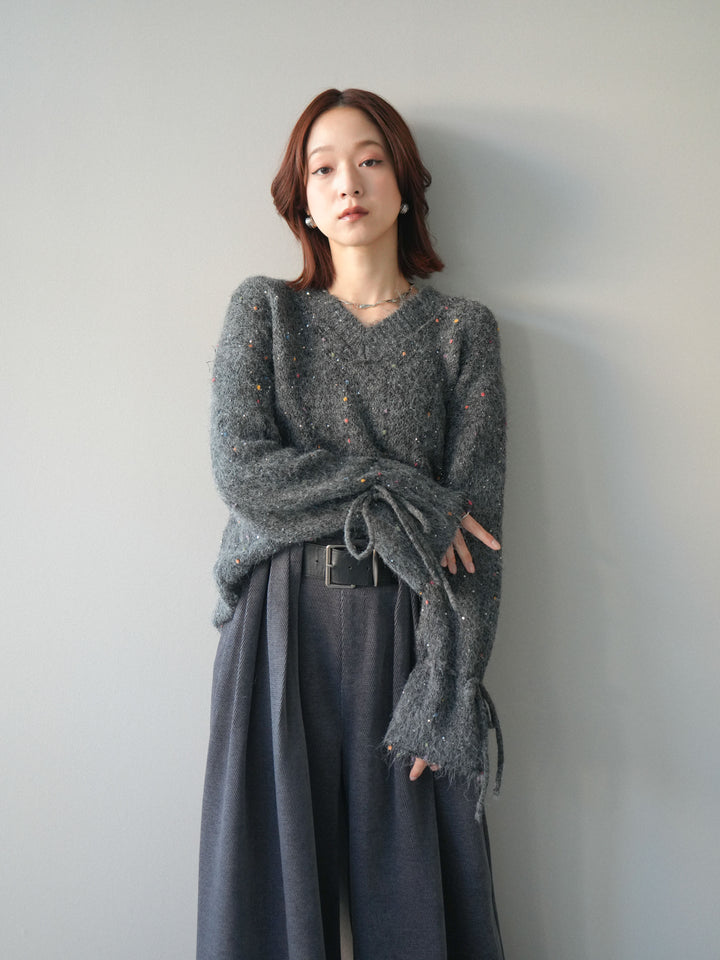 [SET]キャンディースリーブカラーネップスパンコールニットプルオーバー+ベルトデザインループコールテンワイドパンツ(ベルト付き)(2set)