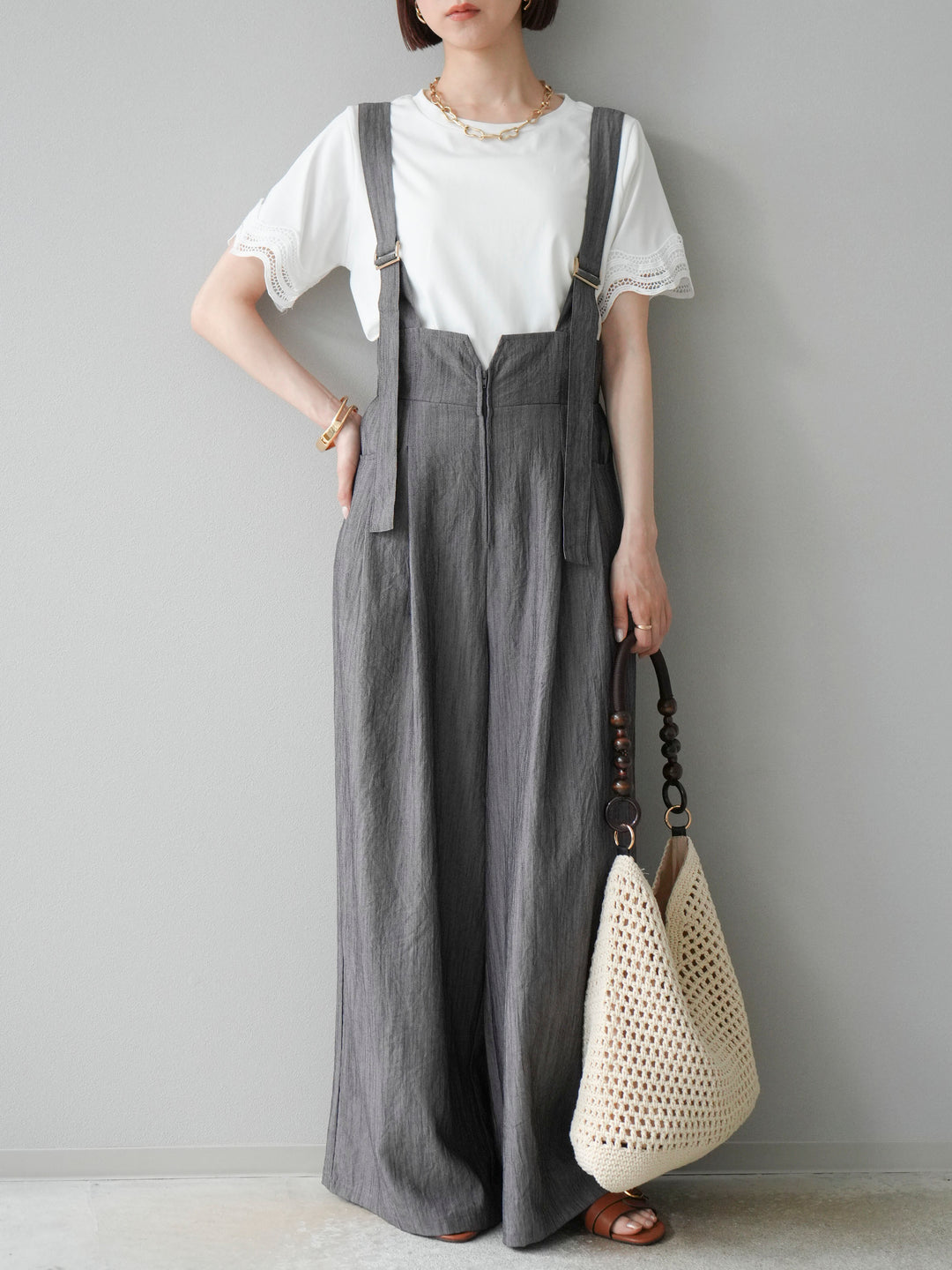 [予約]ストリングデザインハイウエストサロペット/チャコール