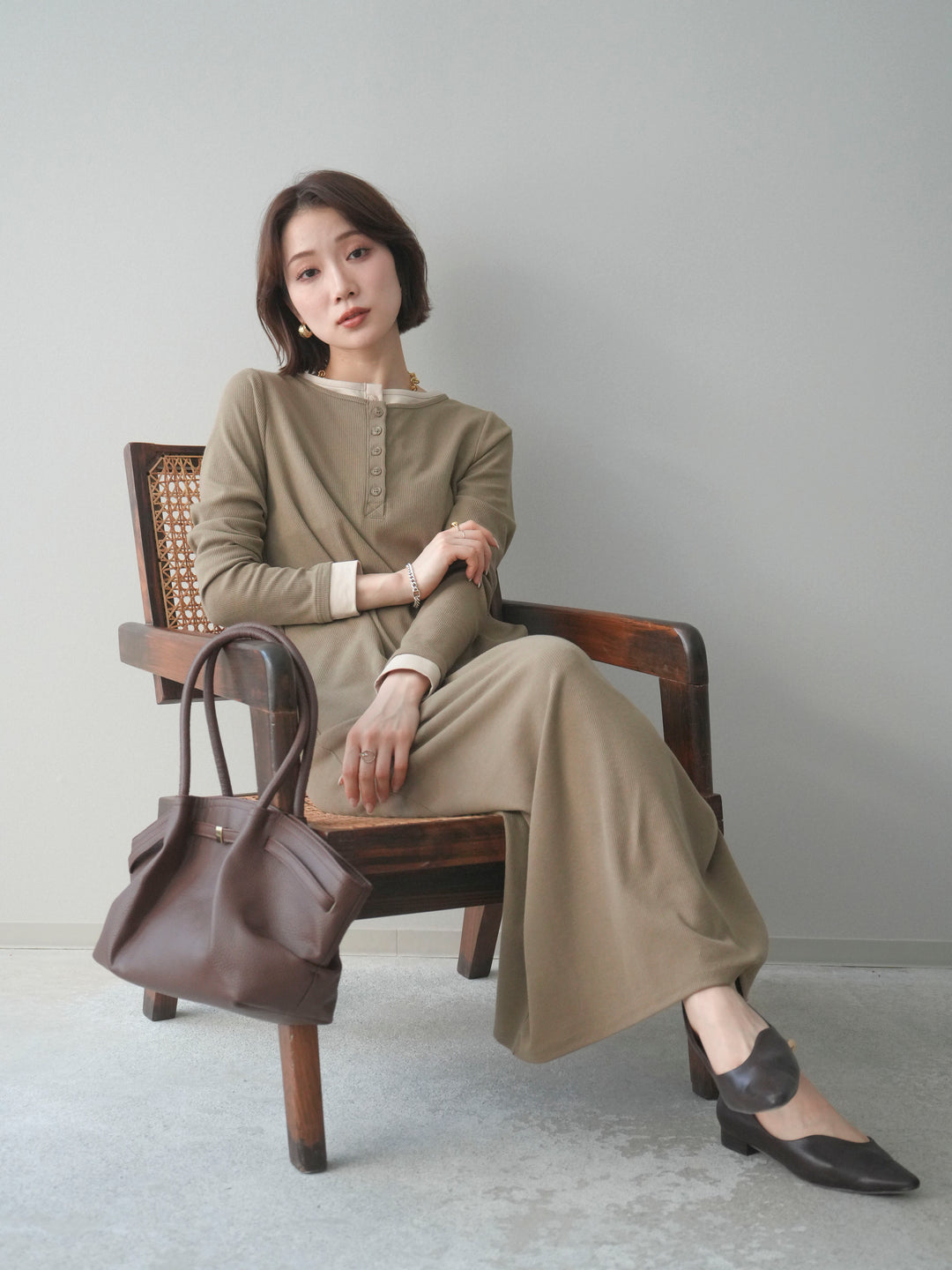 [予約]配色レイヤードヘンリーネックカットリブワンピース/mocha