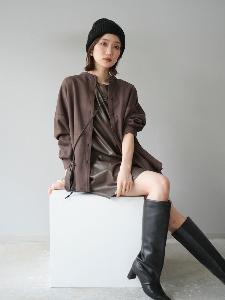 [SET] 麂皮立領外套襯衫 + 附單肩包皮革迷你連身裙（2 套）
