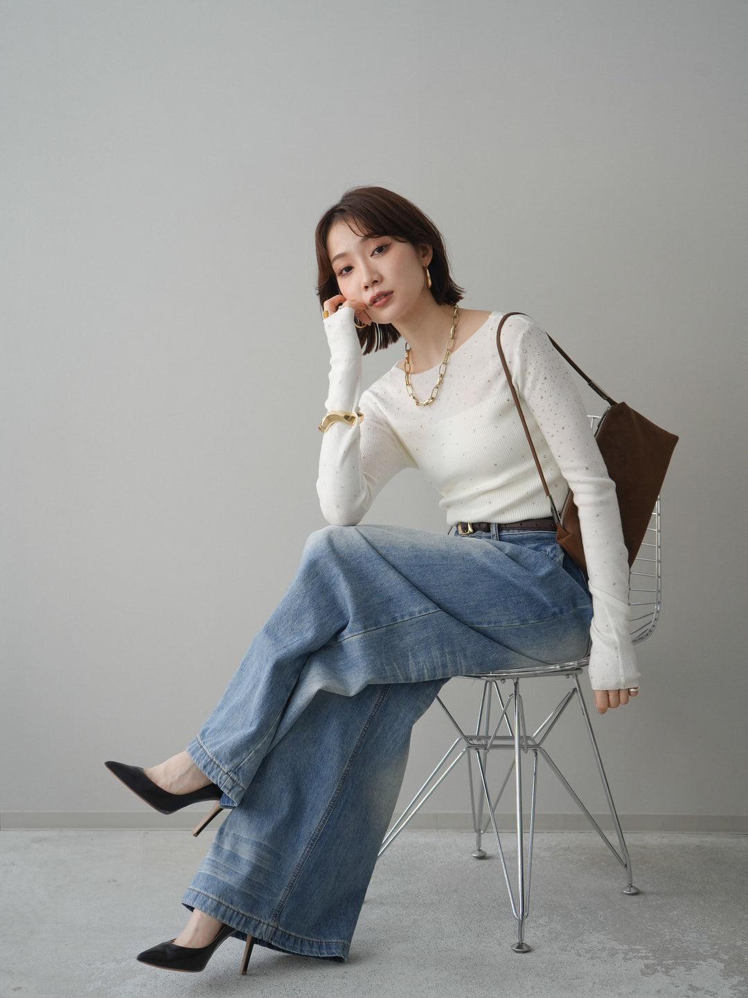 [SET]スパンコールシアーニットトップス+選べるアクセセット(2set)