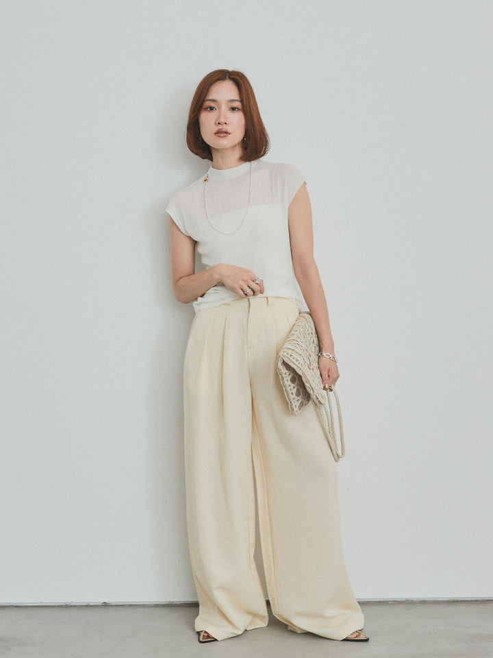 【預購】亞麻觸感褶皺寬褲/黃色