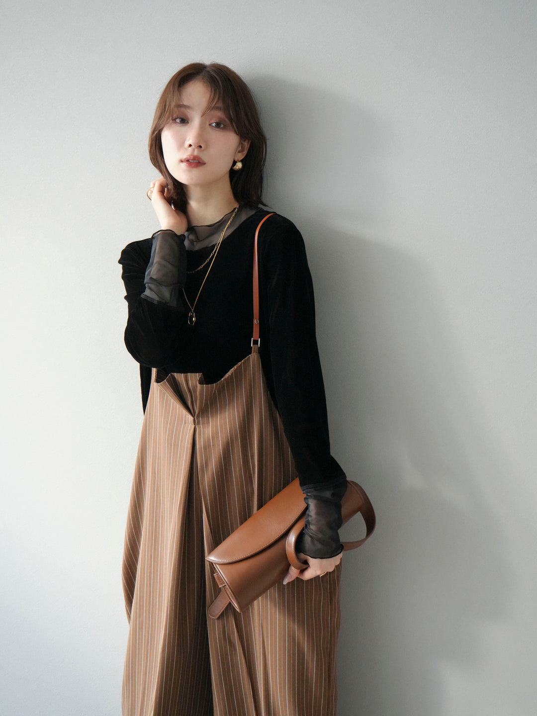 【着回しセット】[SET]ヘリンボーンストライプジレ+シアー切替ベロアトップス+ヘリンボーンストライプサロペット(3set)