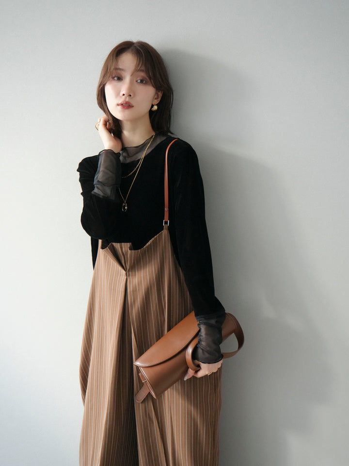 【着回しセット】[SET]ヘリンボーンストライプジレ+シアー切替ベロアトップス+ヘリンボーンストライプサロペット(3set)