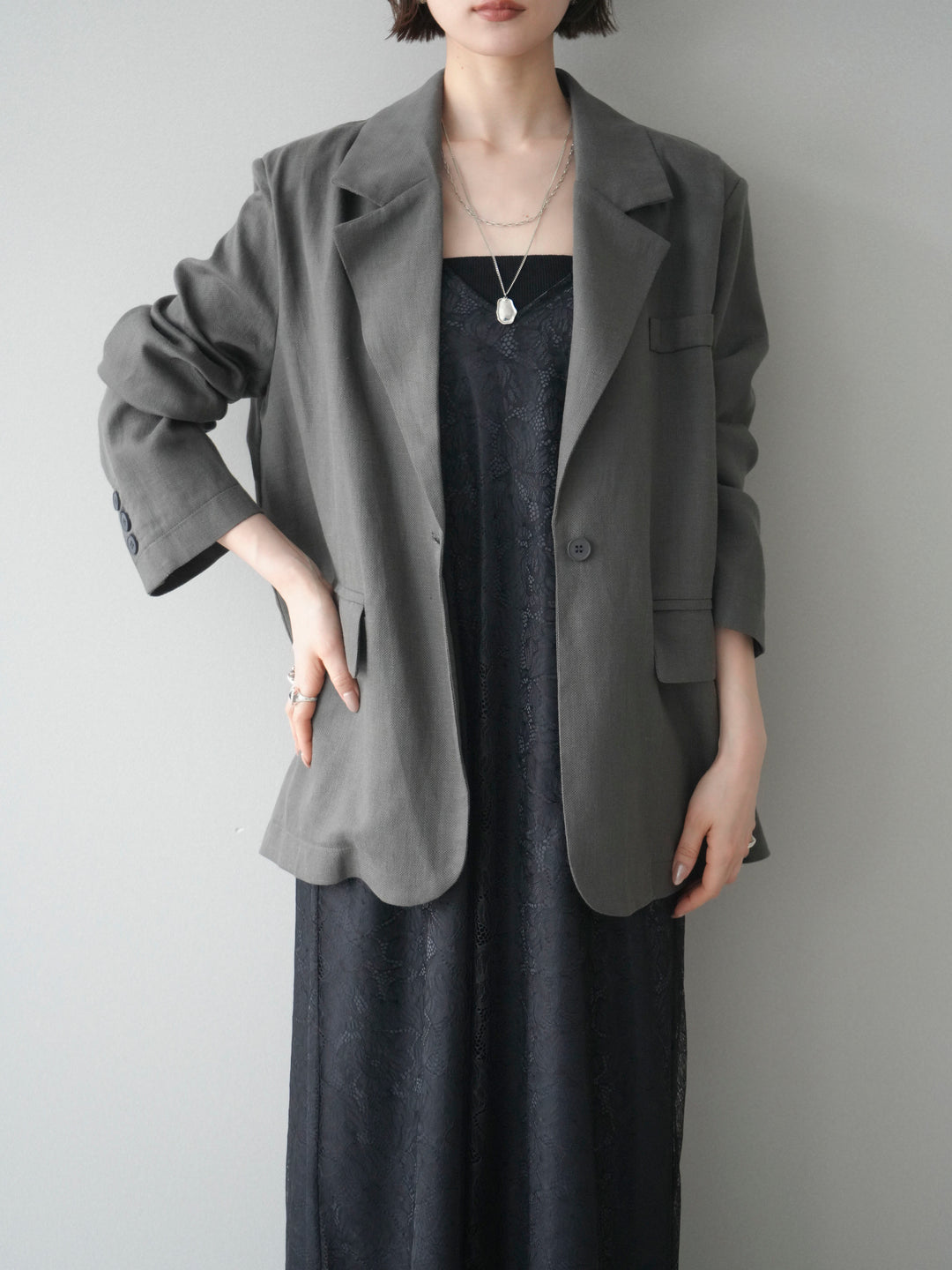 [SET]サテンレースレイヤードキャミワンピース+リネンタッチオーバージャケット(2set)