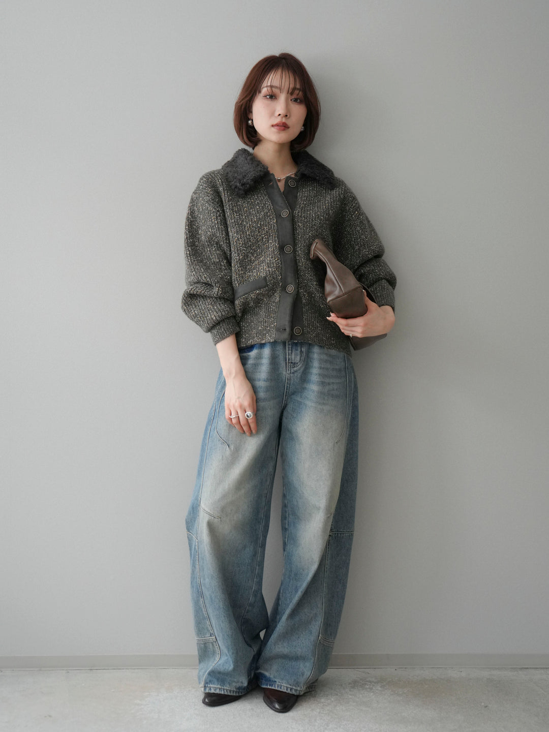 [SET]襟ボアミックスヤーンニットカーディガン+ベルト付カーブデニムパンツ(2set)