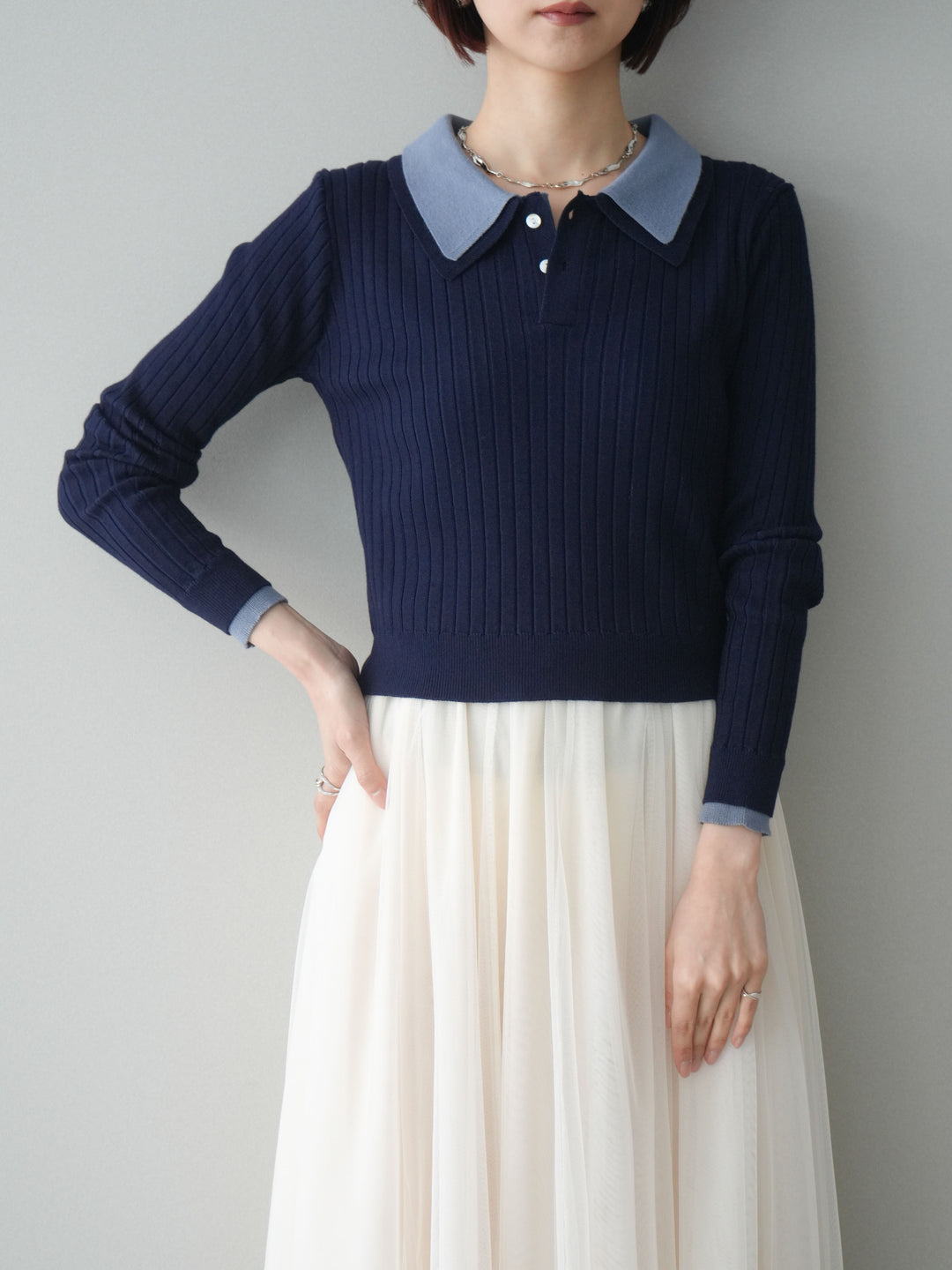 [SET]ダブル襟ポロリブニットトップス+チュールボリュームスカート(2set)