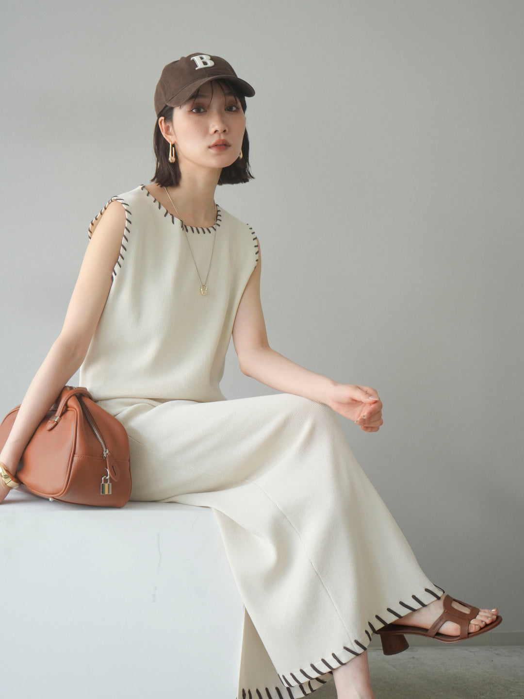 [予約]リネンタッチハンドステッチニットプルオーバー/アイボリー