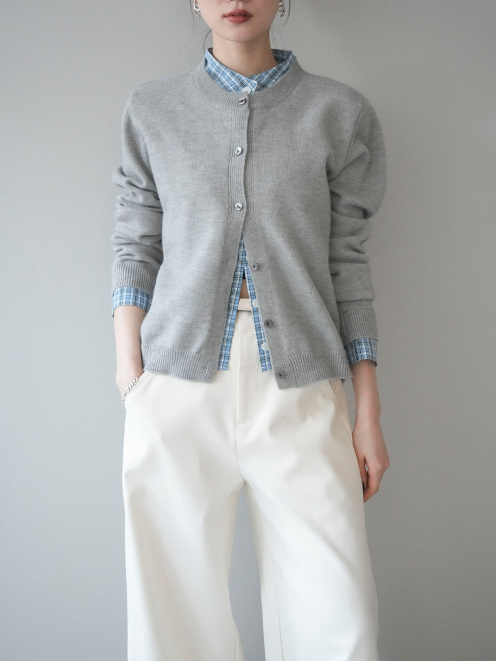 [予約]チェックシャツレイヤードデザインニットカーディガン/gray
