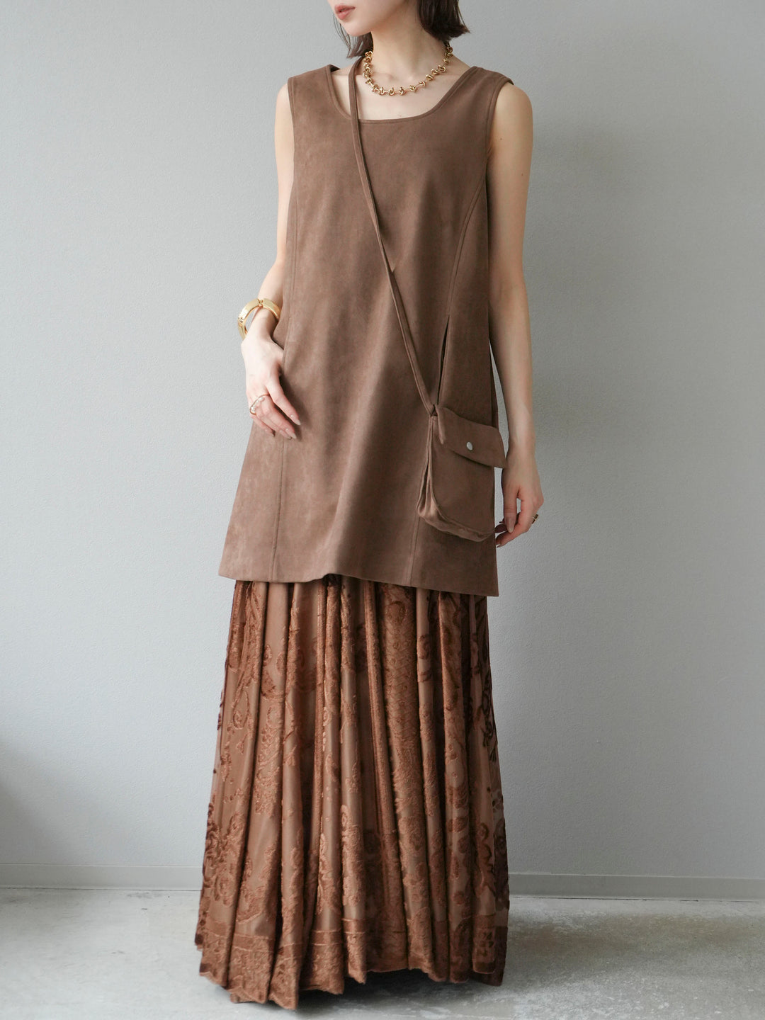 [予約]アンティーク柄フロッキーマキシスカート/ブラウン