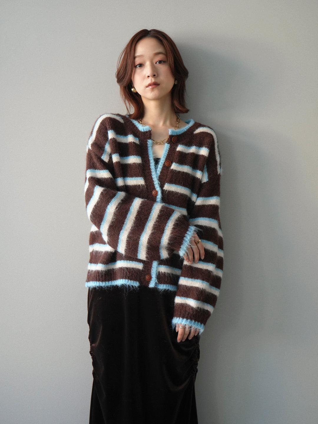 [予約]ウールタッチ配色ボーダーニットカーディガン/brown