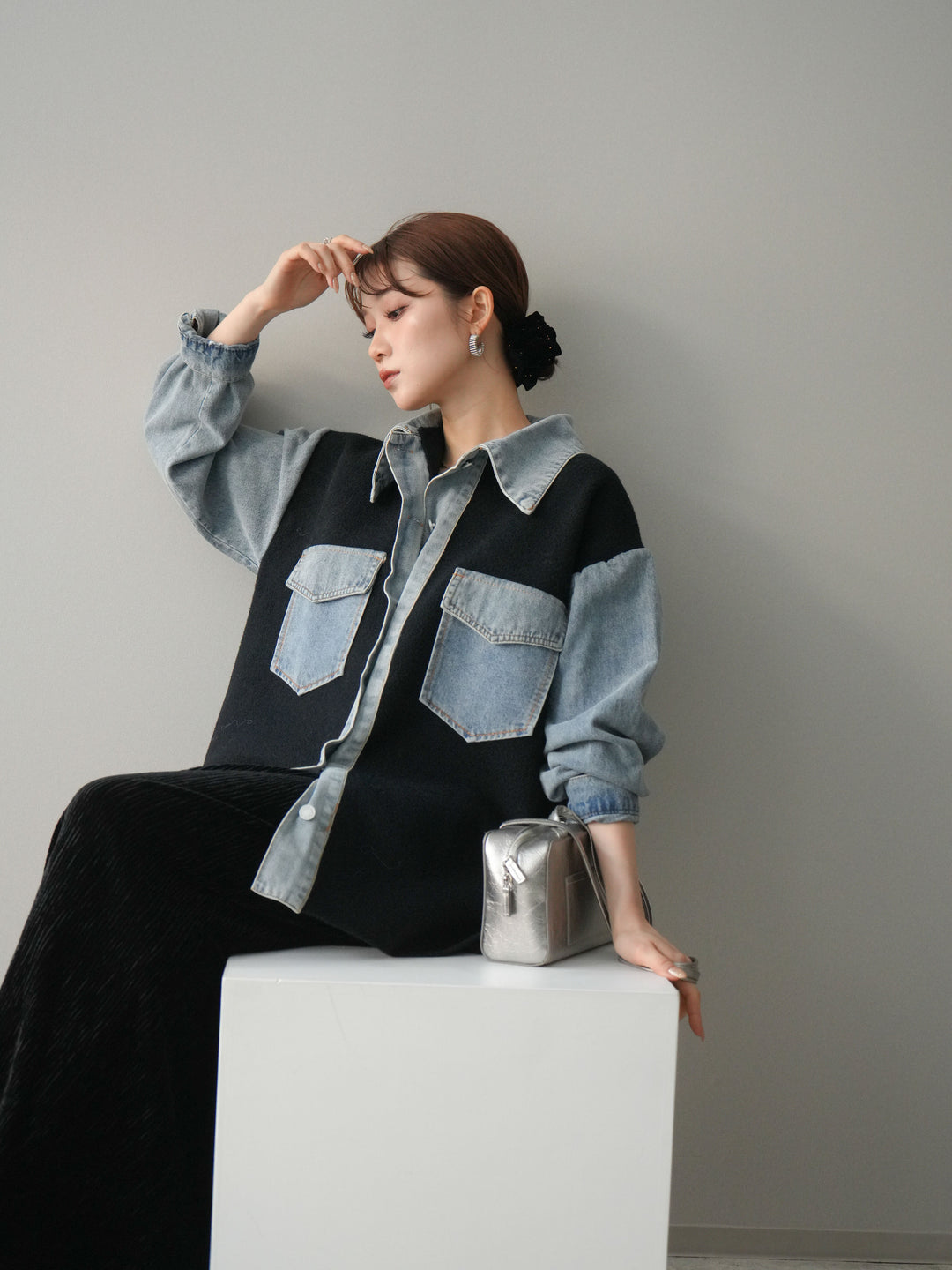 [予約]デニム襟ダブルフェイスニットカーディガン/black