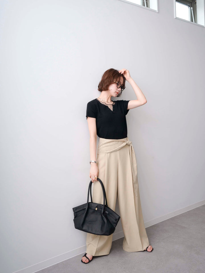 [SET]チュールレーヤードヘンリーフレンチニットトップス+ビジューベルトタックワイドパンツ(2set)