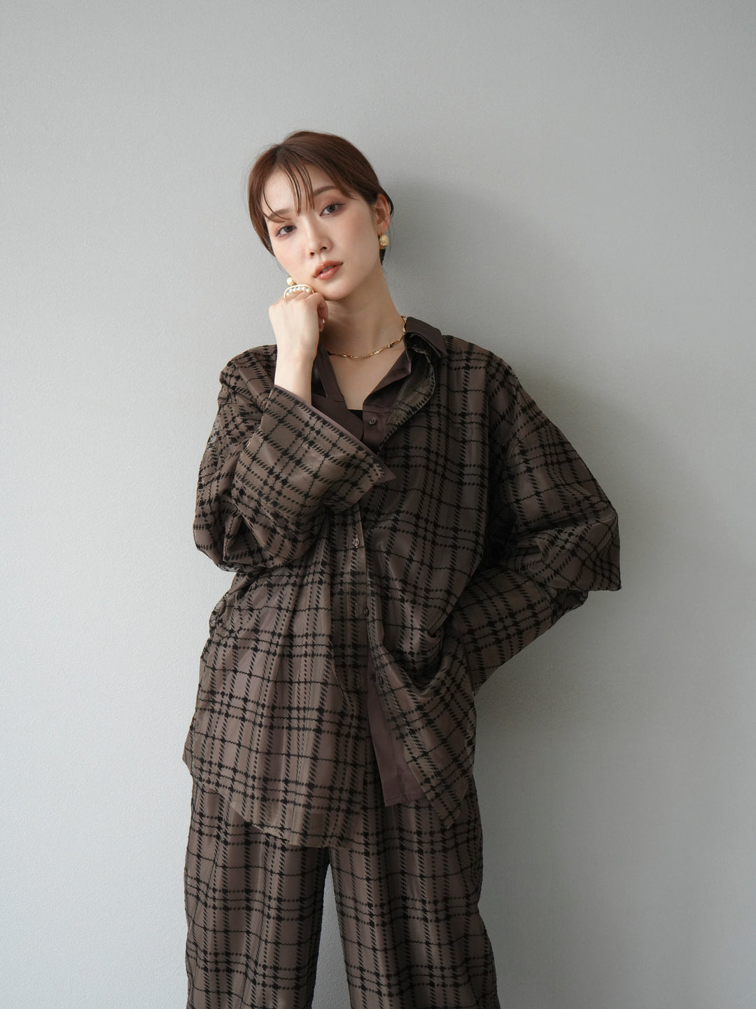 [予約]チェック柄チュールシャツアンサンブル/ブラウン