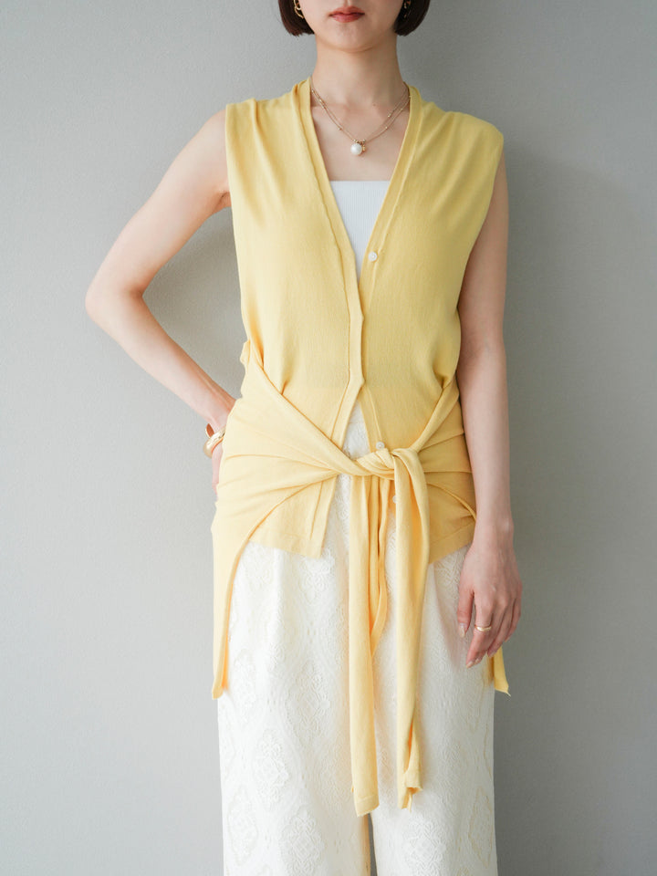 [SET]腰巻きデザインノースリーブニットカーディガン+レースタックイージーパンツ(2set)