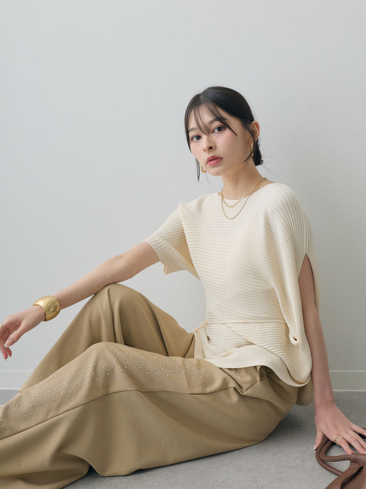 [SET]アシメデザインリブニットトップス+ポーチベルト付サイドビジュータックワイドパンツ(2set)