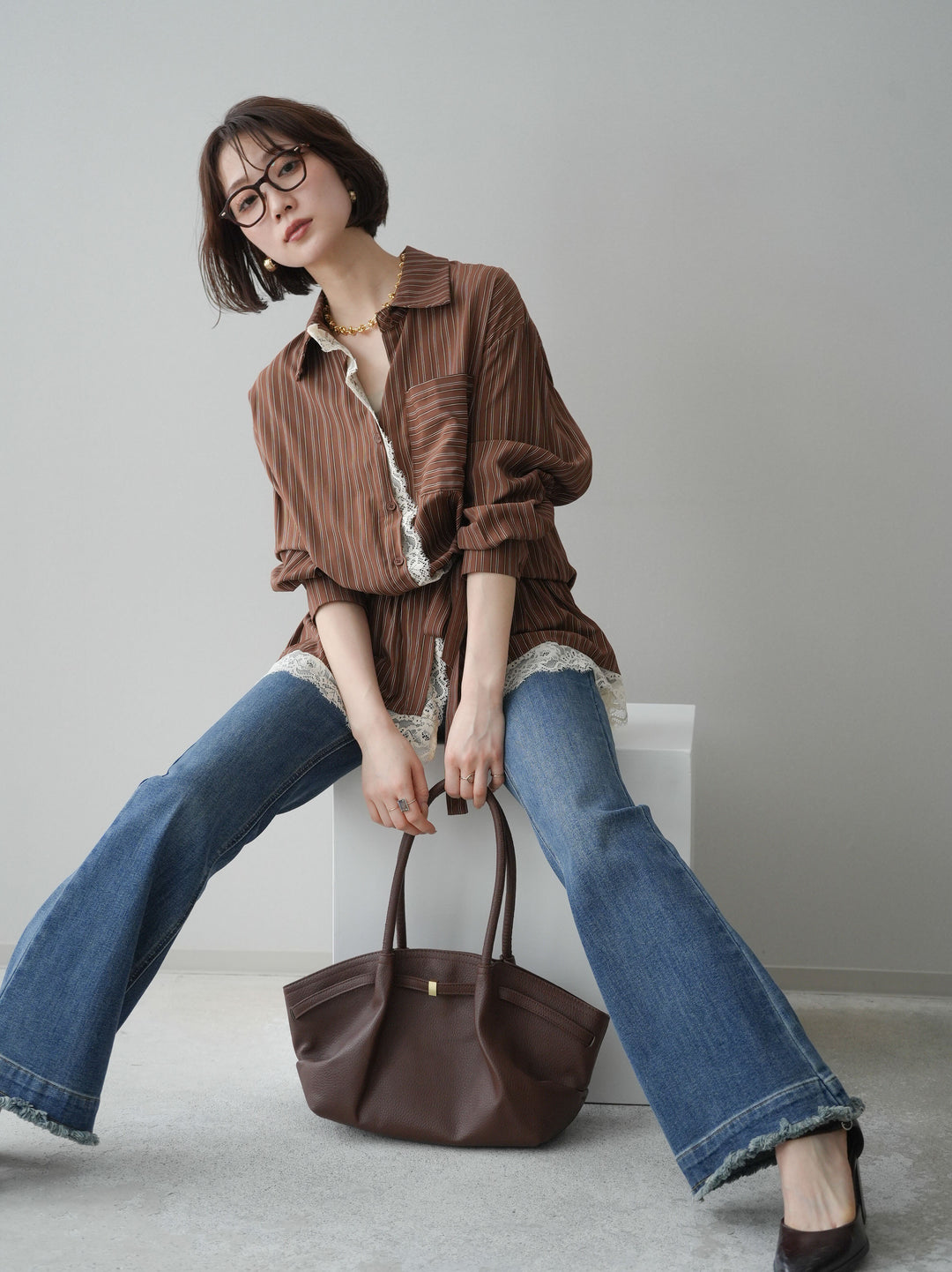 [SET]レース付ストライプウエストギャザーシャツ+フリンジデザインセミフレアデニム(2set)