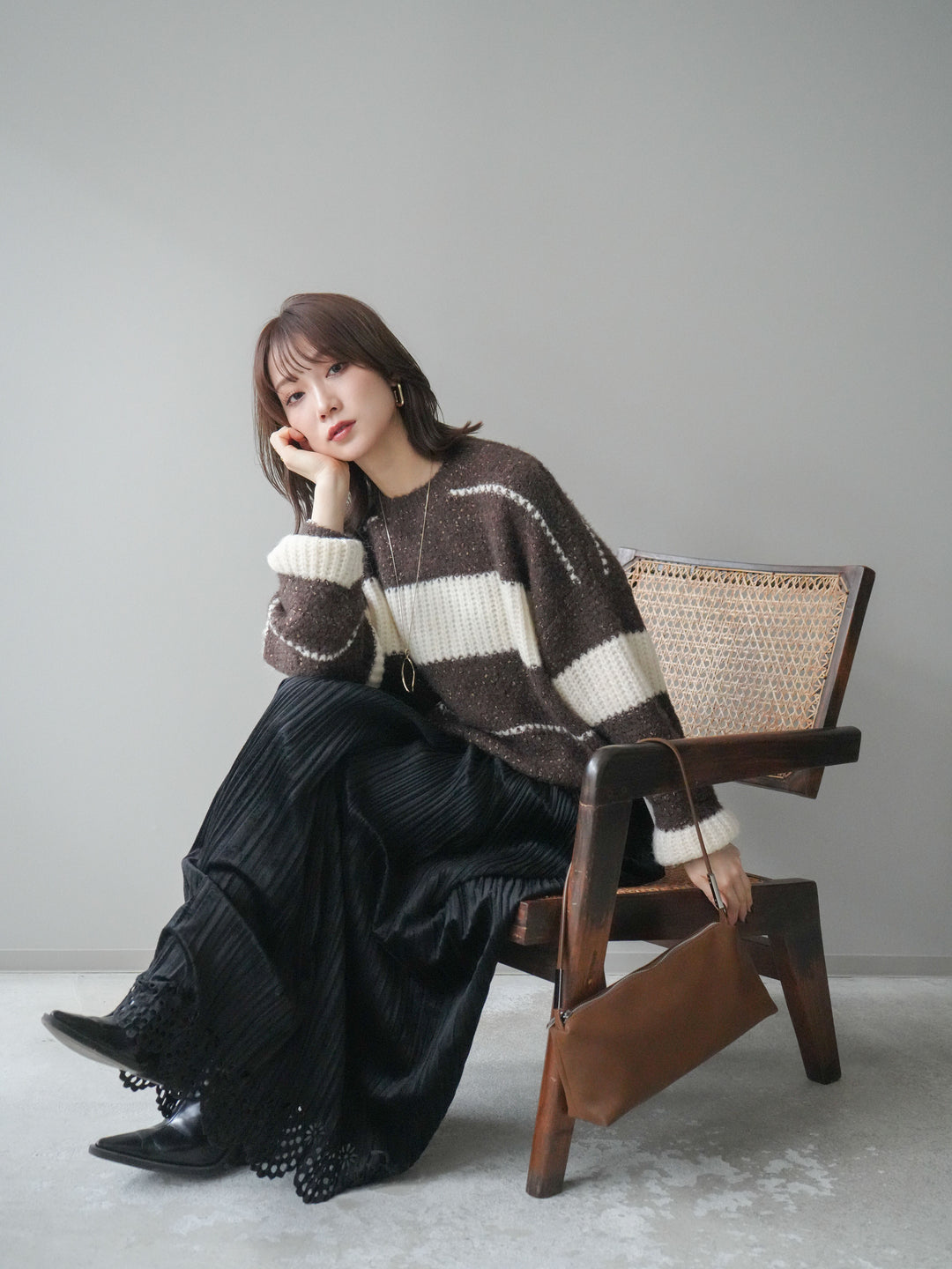 [予約]ネップヤーンボーダーニットプルオーバー/brown