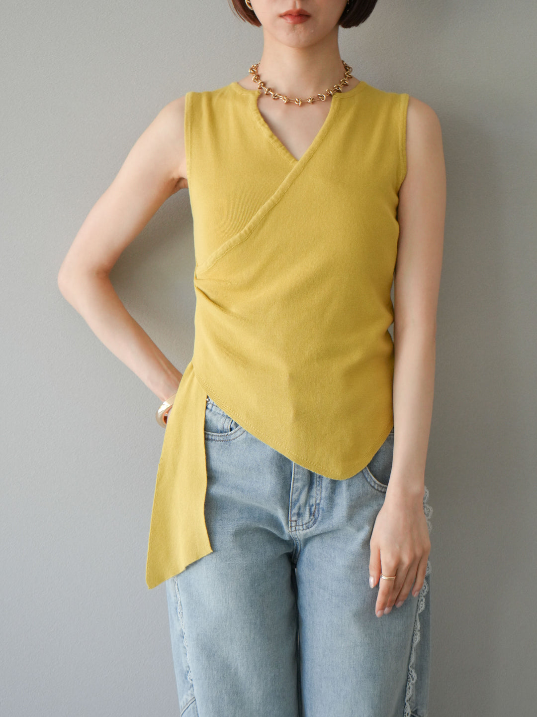 [SET]カシュクールノースリーブニットトップス+ラインレースデニムパンツ(2set)