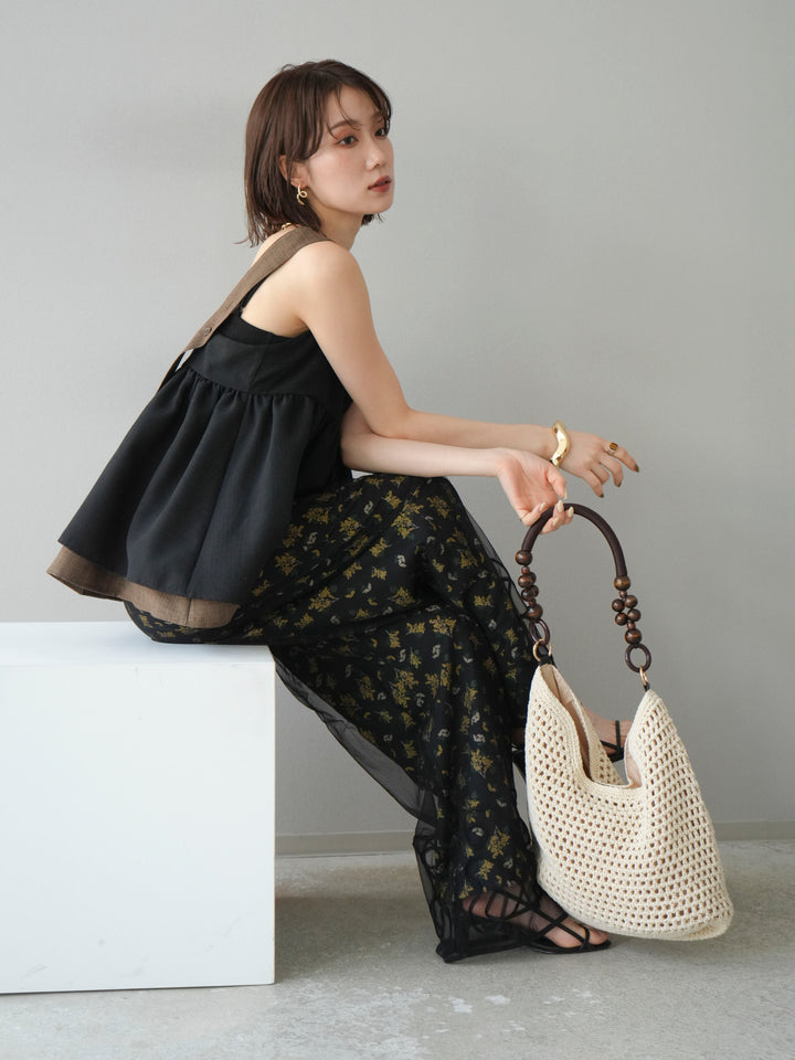 [SET]リネンライク配色フレアタンクトップ+ブーケプリントタックパンツ(2set)