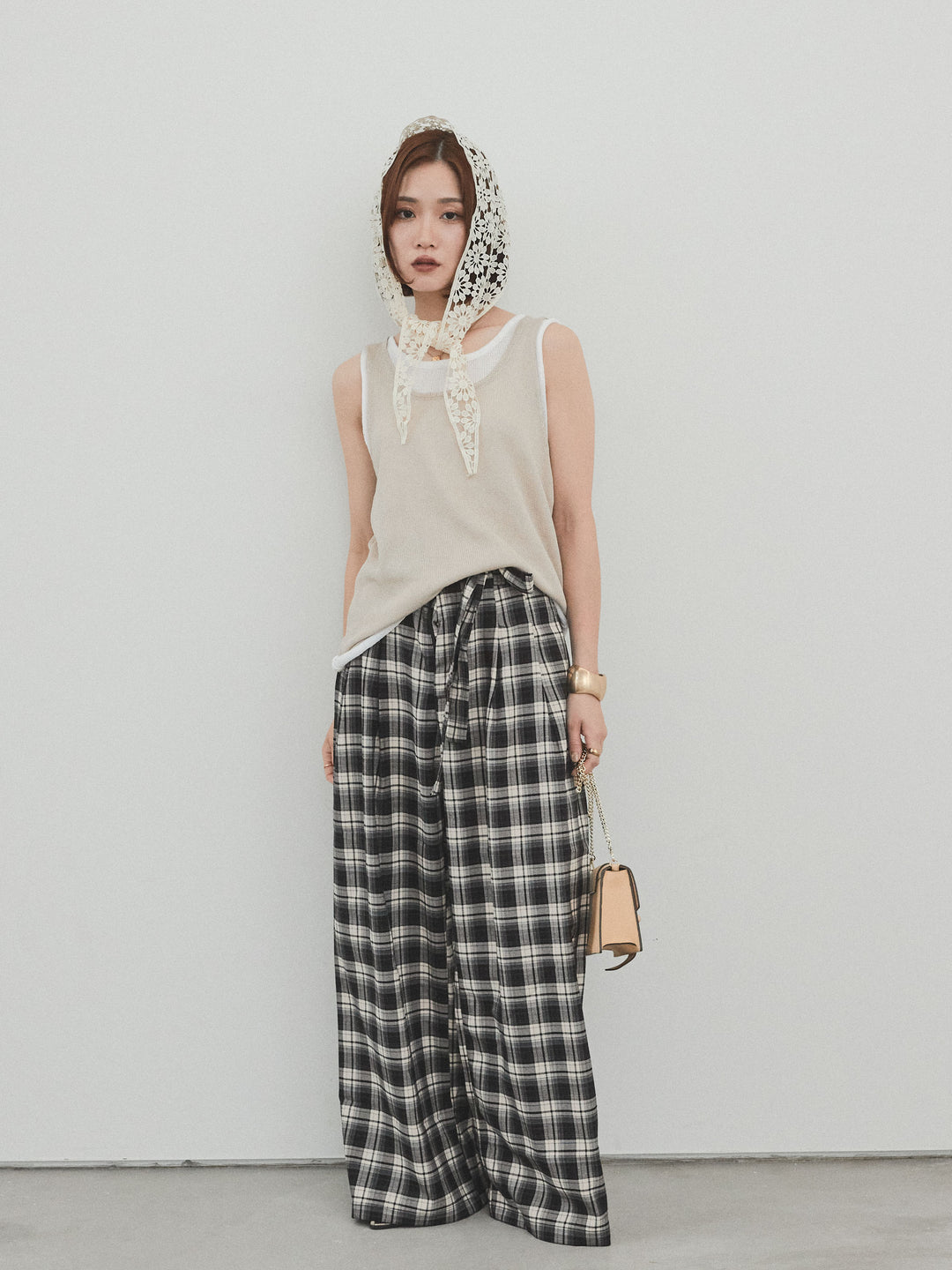 【SET】雙色疊穿針織背心+格紋寬褲（2套）
