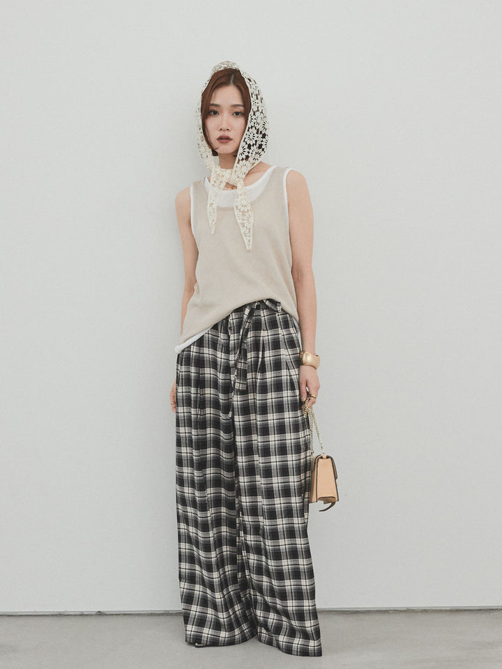 【SET】雙色疊穿針織背心+格紋寬褲（2套）