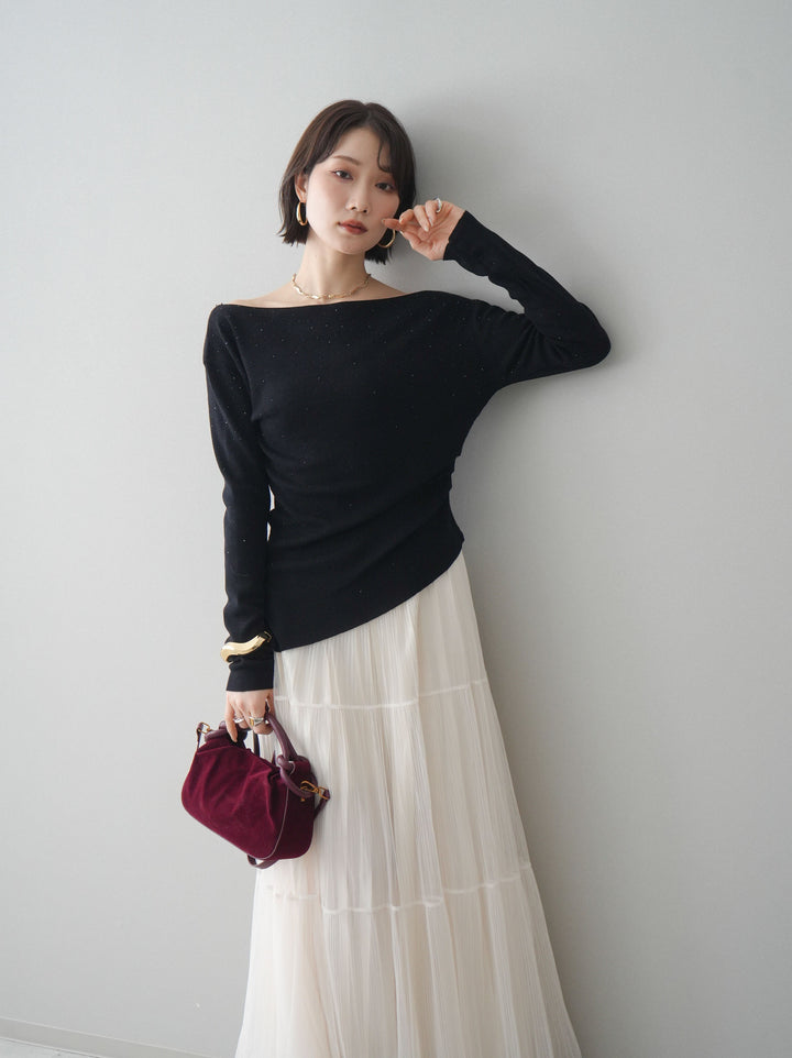 [予約]ラインストーンアシンメトリーニットトップス/black