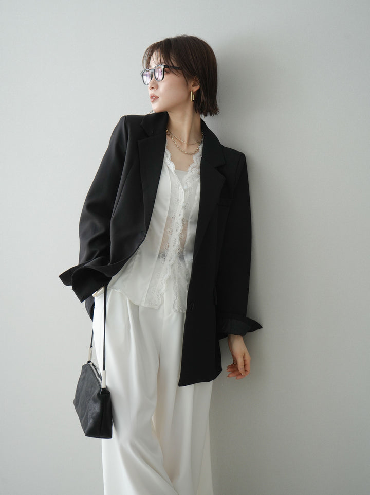 [SET]バックスリットデザインジャケット+編み込みベルト付タックワイドパンツ(2set)