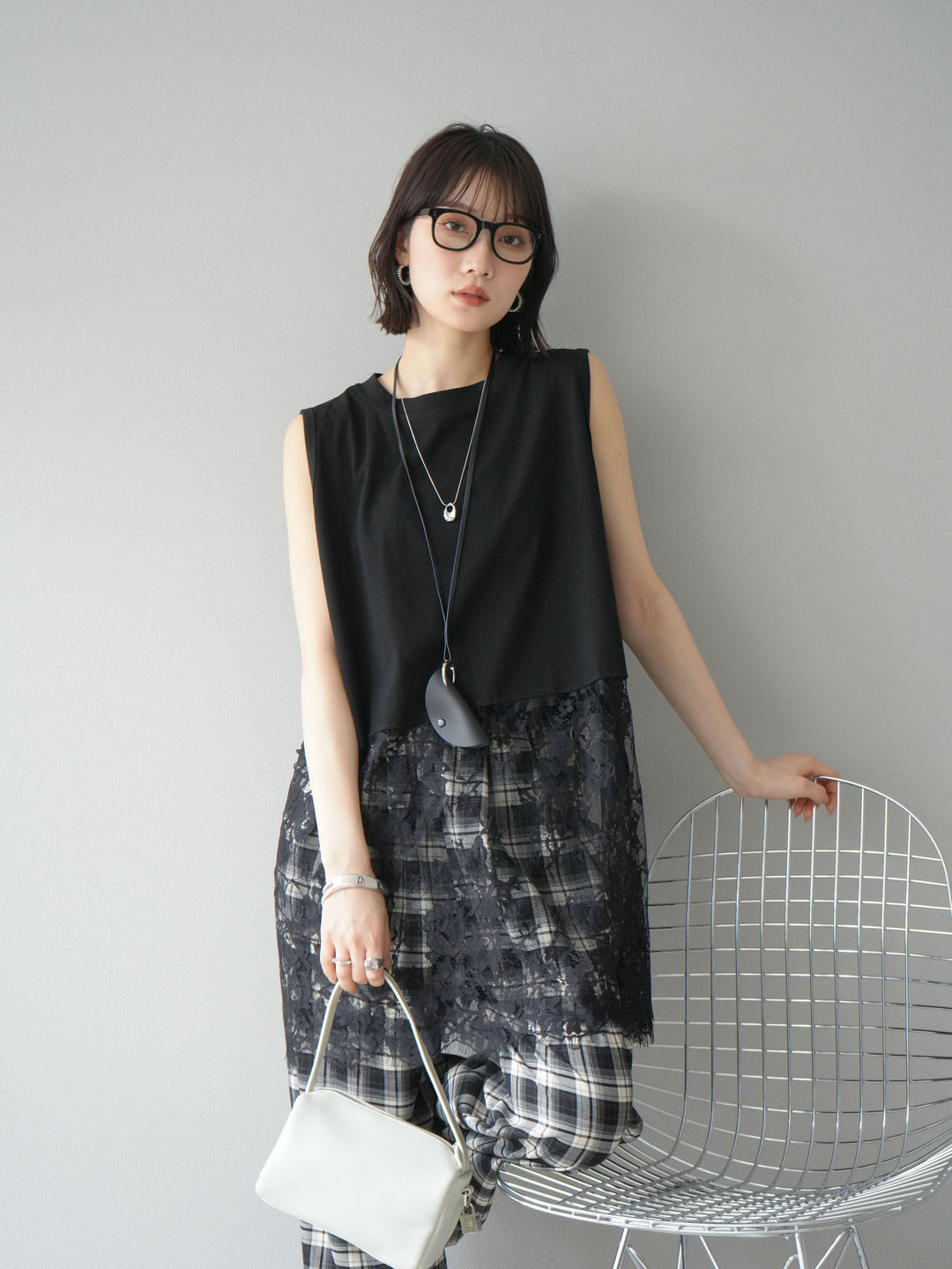 [予約]レース切替ノースリトップス/ブラック