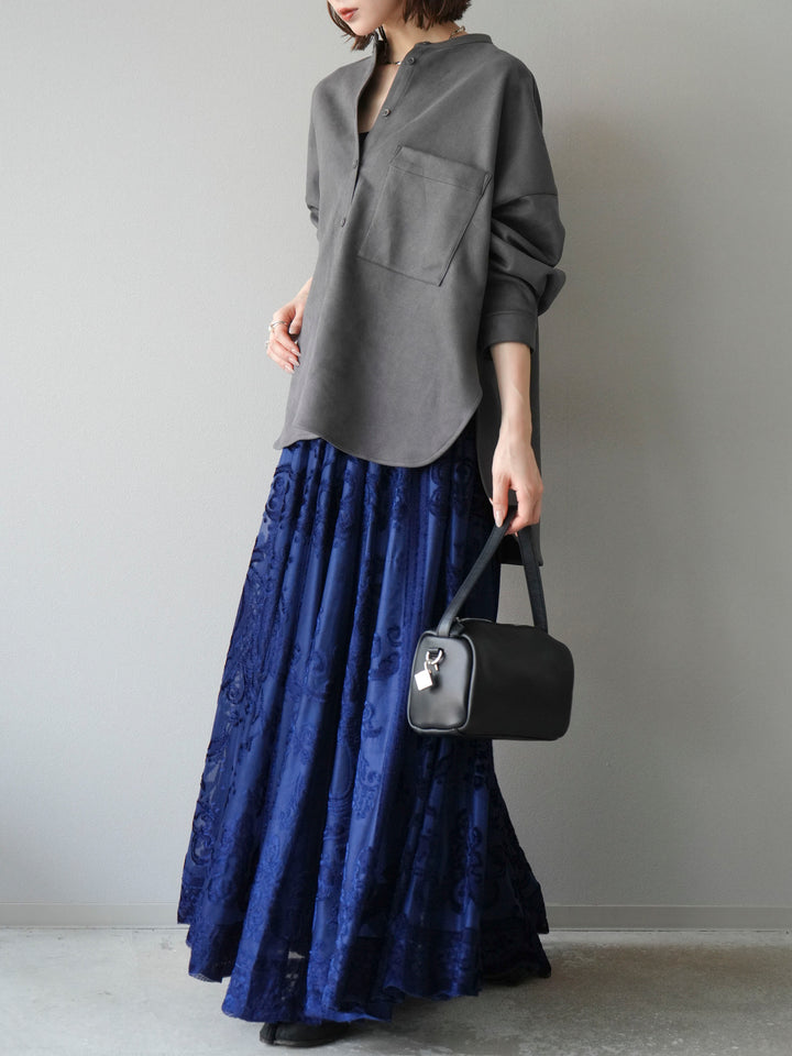 [SET]スエードバンドカラーオーバーシャツ+アンティーク柄フロッキーマキシスカート(2set)
