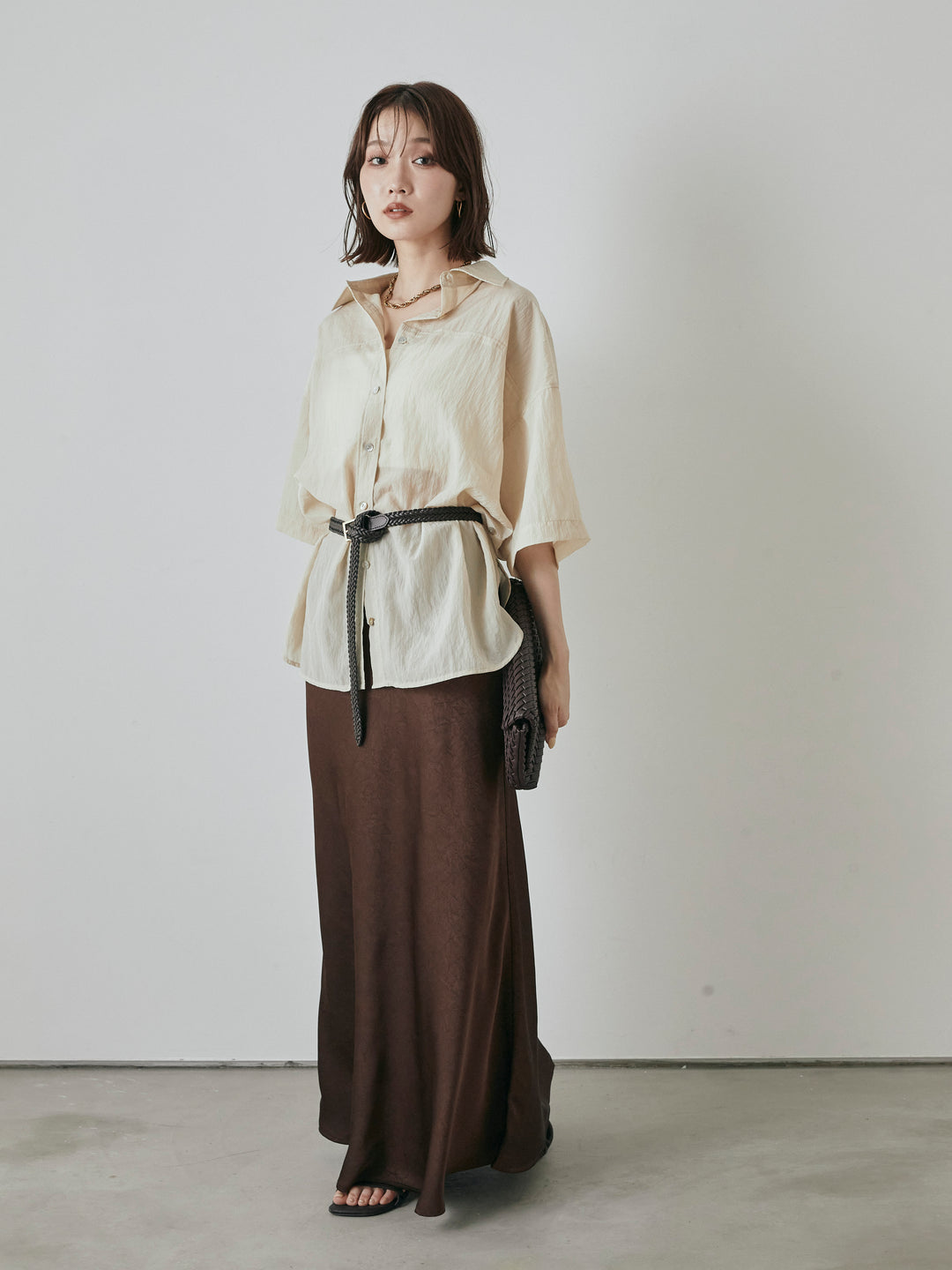 [予約]サテンワッシャーナロースカート/ブラウン