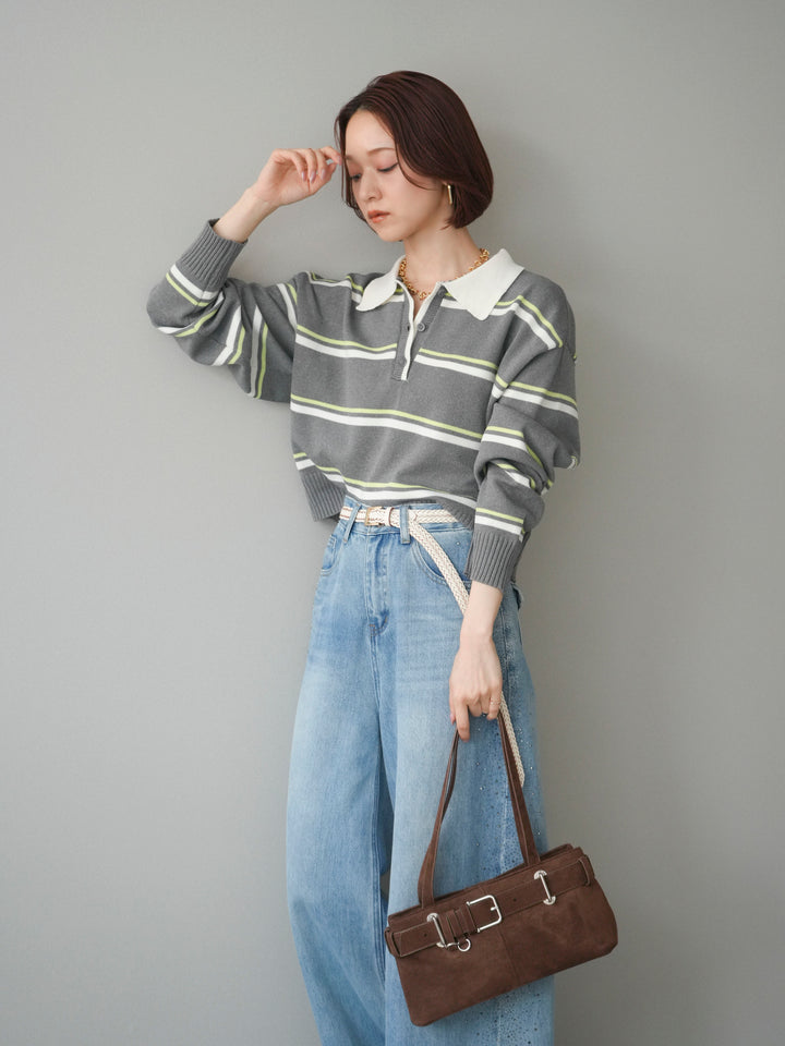 【預購】多條紋polo針織衫/灰色