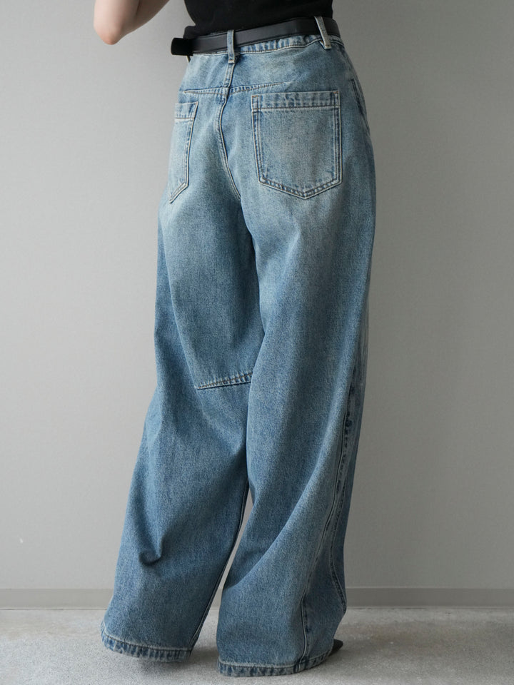 [予約]ベルト付3Dカーブデニムパンツ/blue