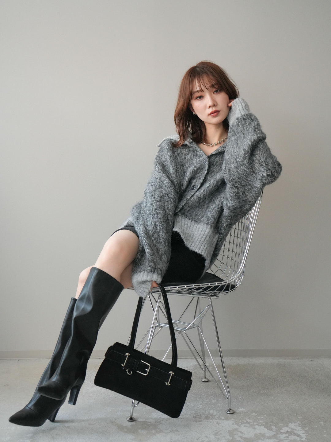 [予約]リブ切替メランジニットカーディガン/charcoal