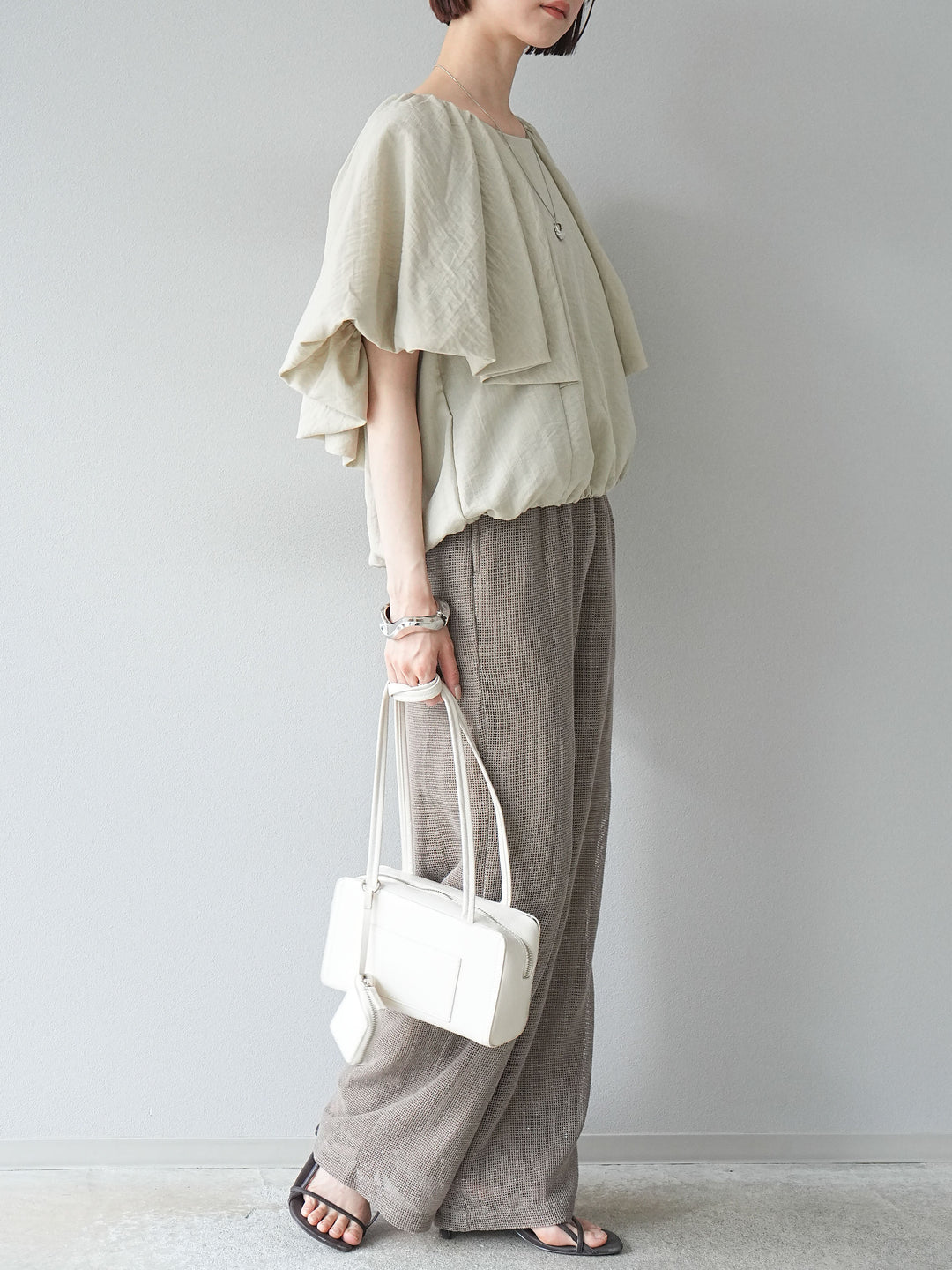 [預購] 棉金銀絲網眼休閒褲/米色