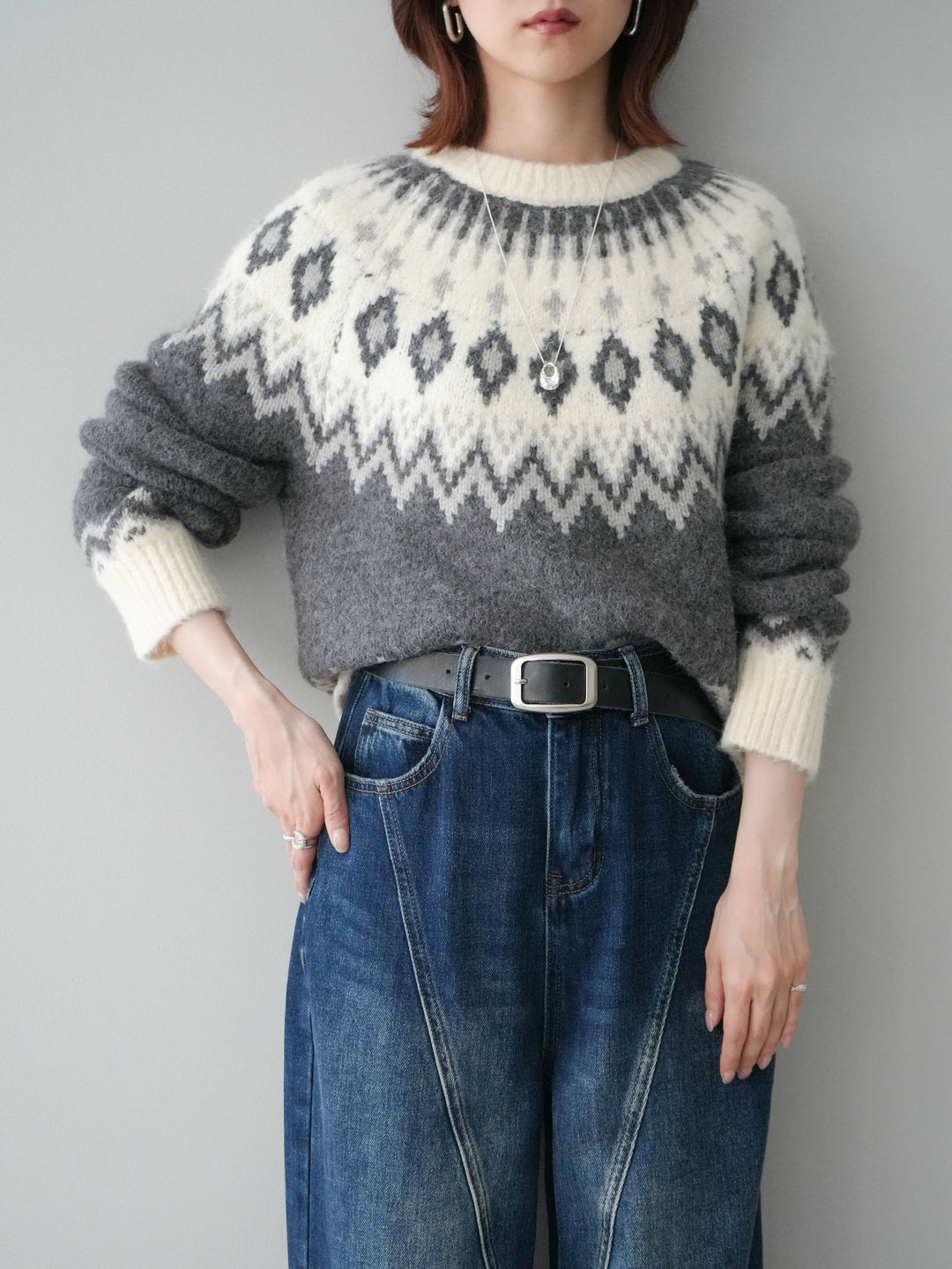 [予約]ノルディック柄ニットプルオーバー/gray