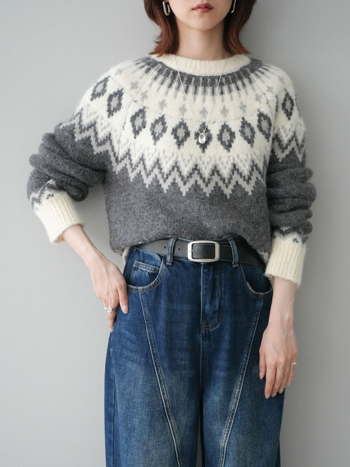 [予約]ノルディック柄ニットプルオーバー/gray