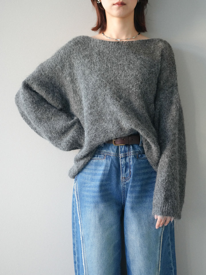 [SET]透かしデザインニットプルオーバー+サイドフリンジワイドデニムパンツ(2set)