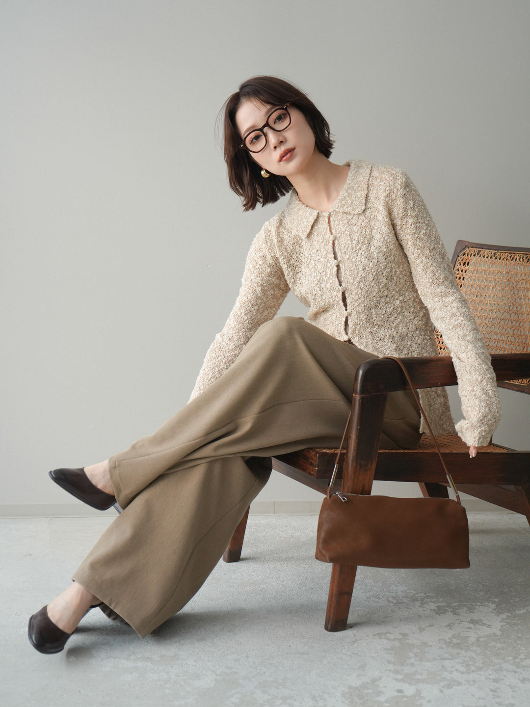 [予約]透かし編みブークレポロニットトップス/beige