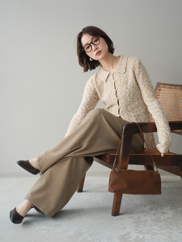 [予約]透かし編みブークレポロニットトップス/beige