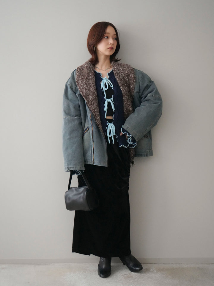 [SET]ミックスボアデニムジャケット+フロントリボン配色メローニットカーディガン+ギャザーベロアスカート(3set)