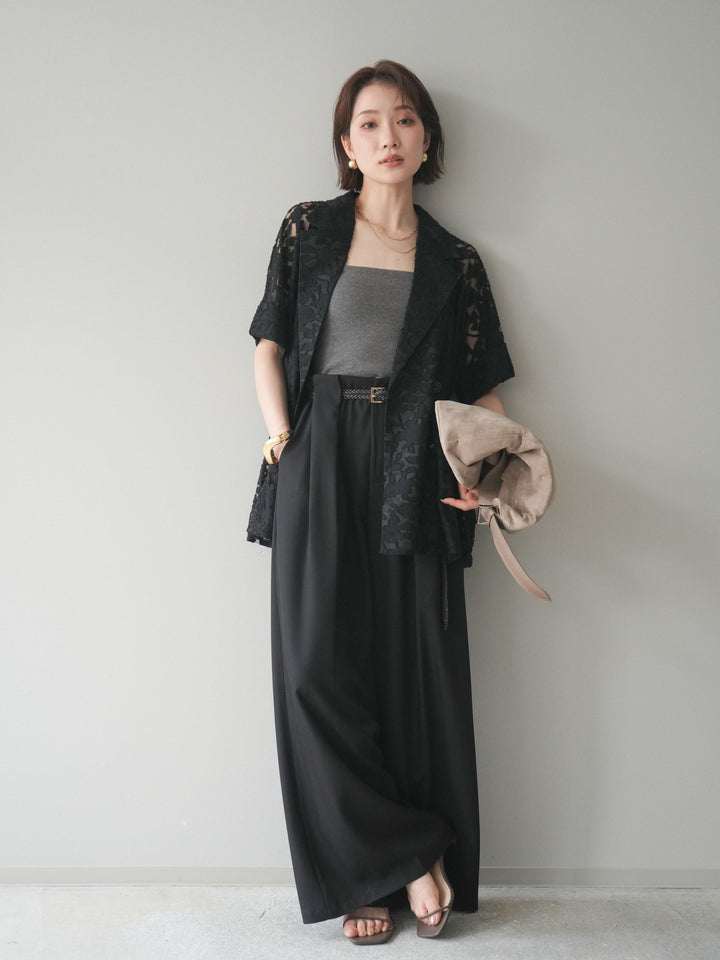 【套裝】花朵蕾絲短袖外套+垂褶收腰帶環長褲（兩件套）