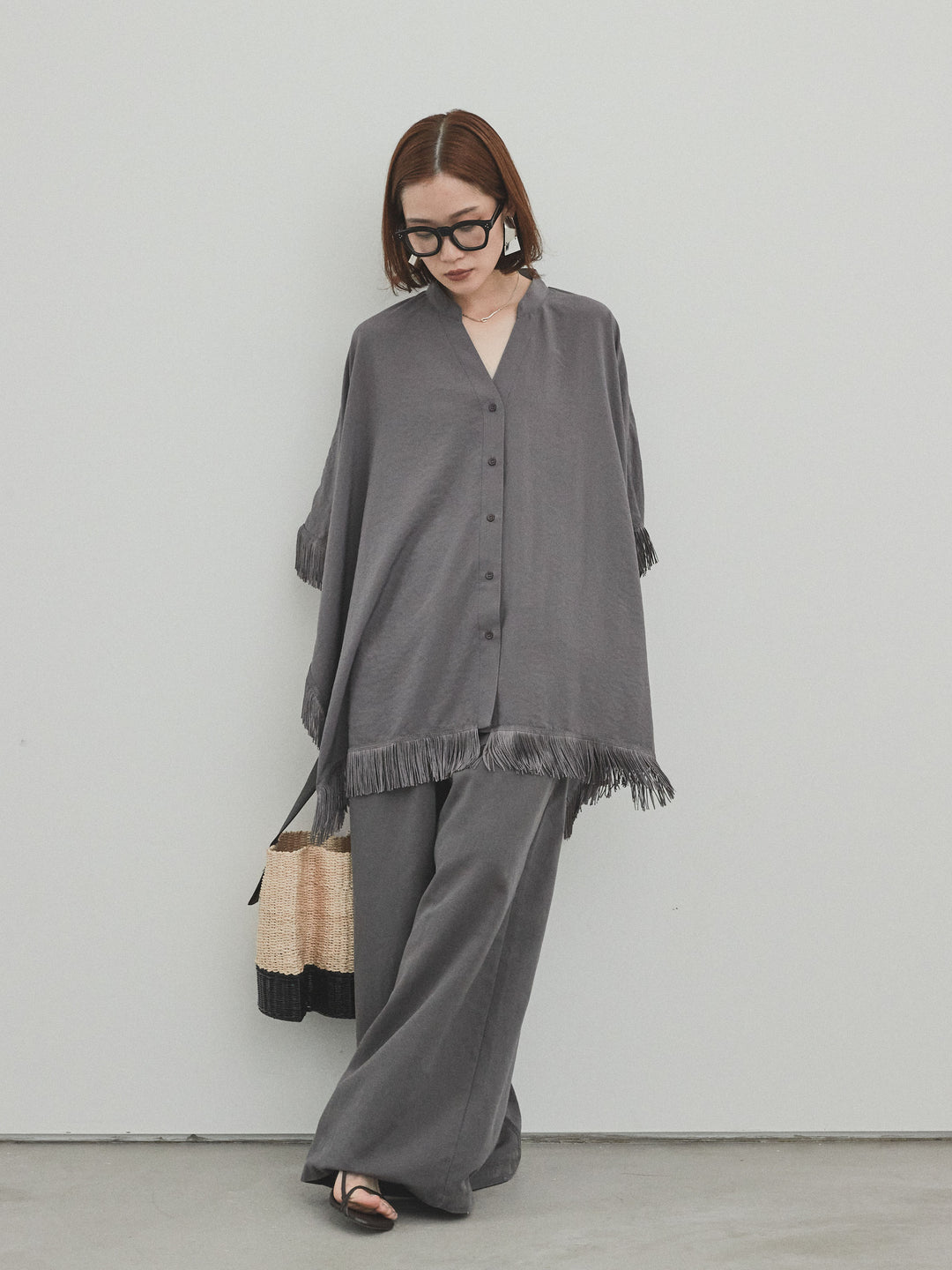 【預購】亞麻觸感褶皺寬褲/炭灰色