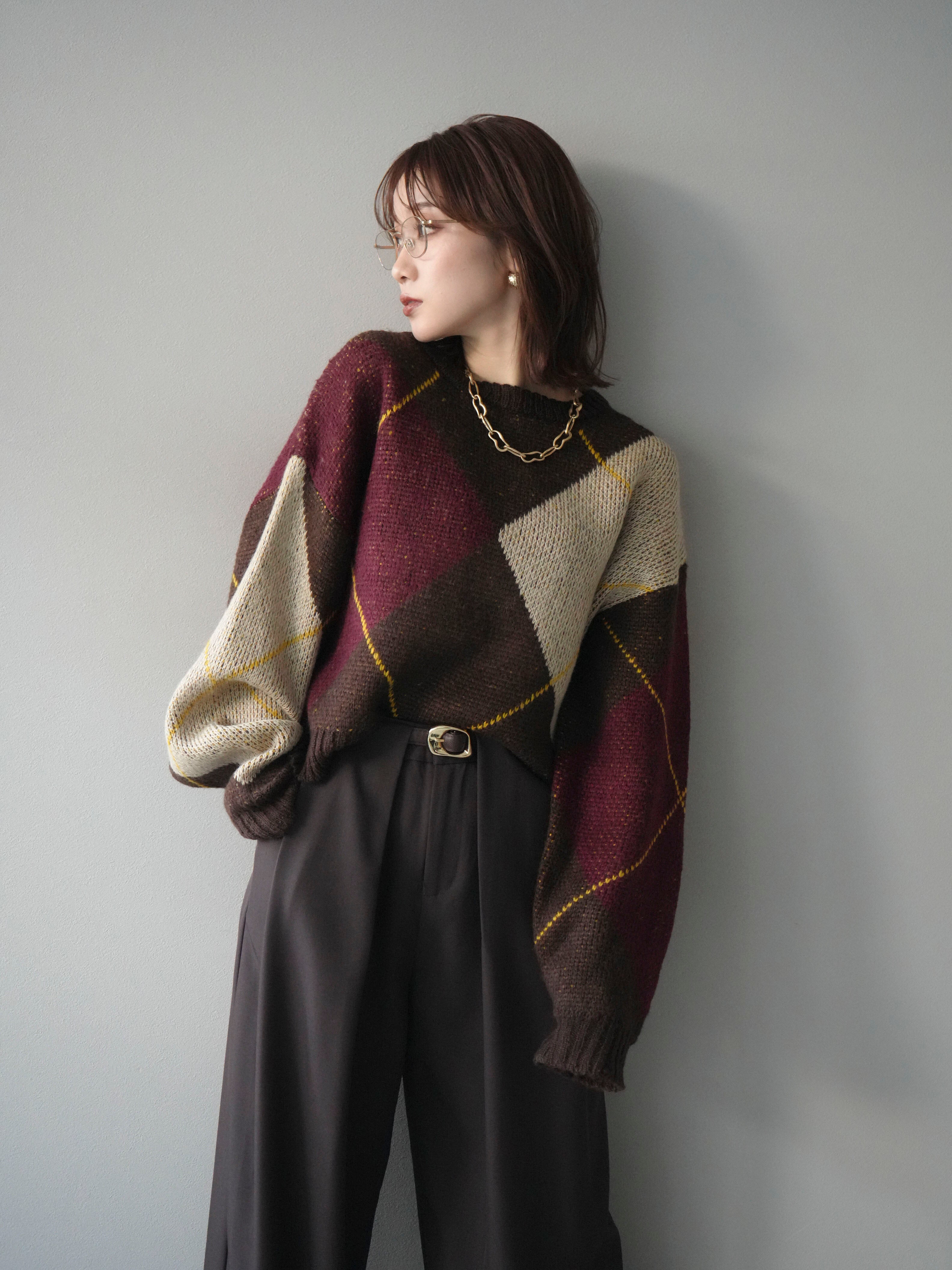 予約]配色ステッチアーガイル柄ニットプルオーバー/brown – Lumier